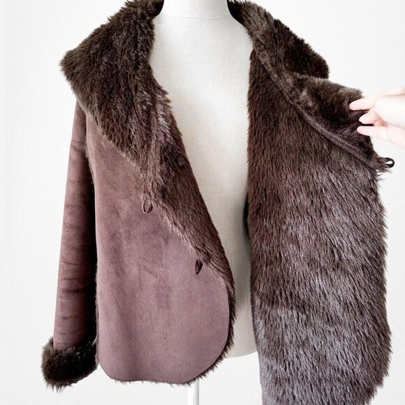 Vintage Y2K Brown Faux Fur Lined Suede Jacket Coat Cardigan Size M - Picture 5 of 7
